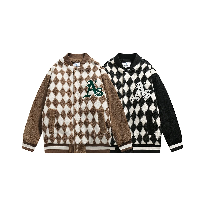 B402港风潮牌冬季保暖羊羔绒设计感格子情侣百搭棒球服棉衣