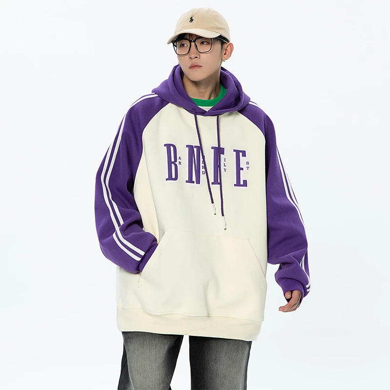 EW3357春秋潮牌oversize港风情侣宽松百搭设计感撞色字母连帽卫衣