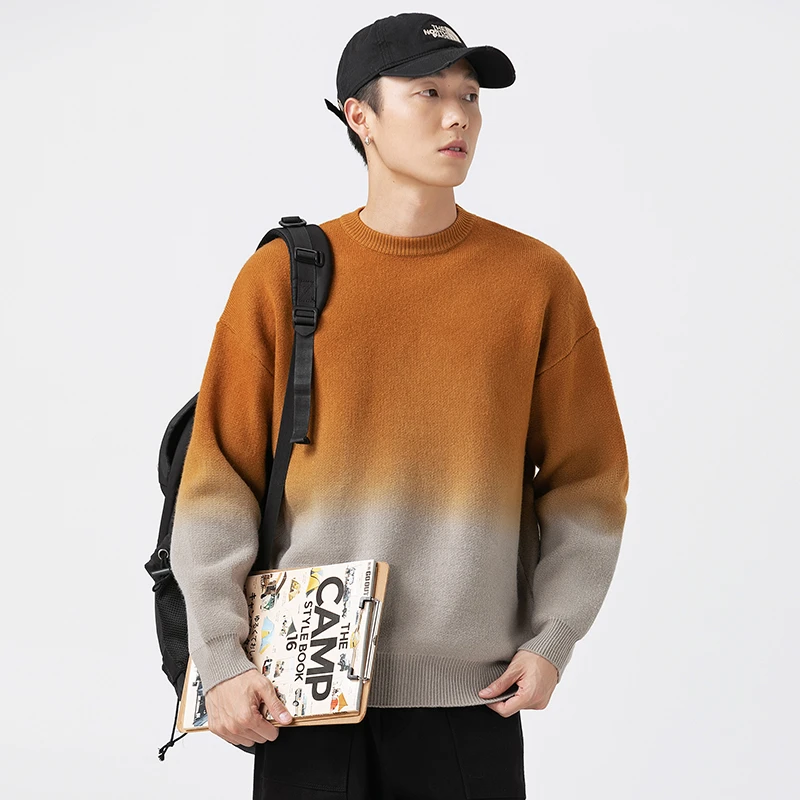 M9146潮牌秋冬情侣日系复古渐变色圆领毛衣