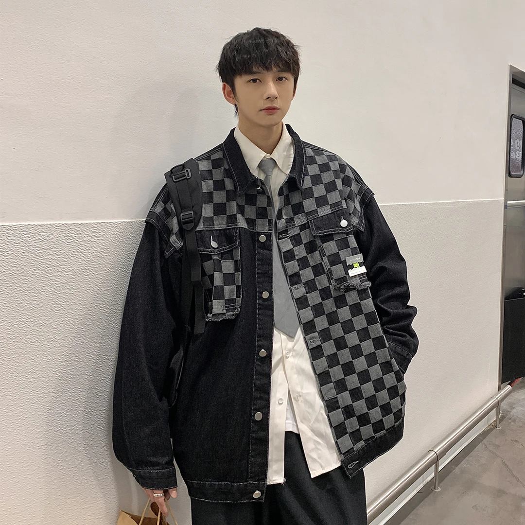 M562春秋港风潮牌格子拼接夹克牛仔外套
