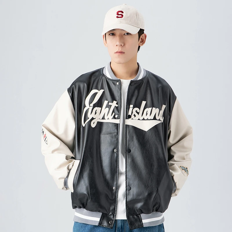 B201港风潮牌冬季保暖设计感拼色学院风情侣百搭棒球服棉衣