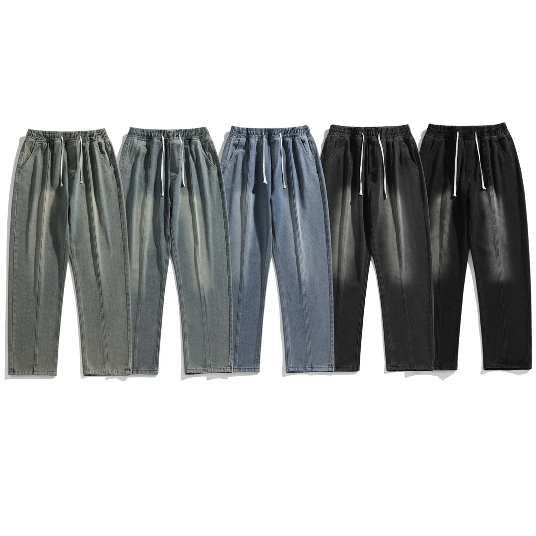 NK666美式复古牛仔裤春秋高街抽绳松紧潮牌设计感直筒休闲长裤