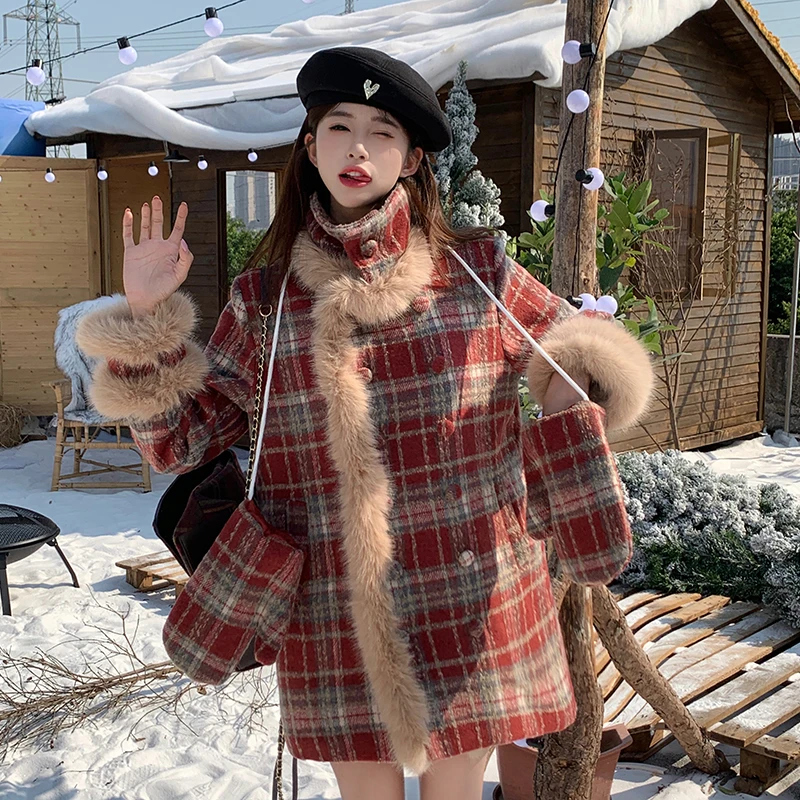 【红格子】胖mm韩版显瘦百搭红色格子毛毛边外套