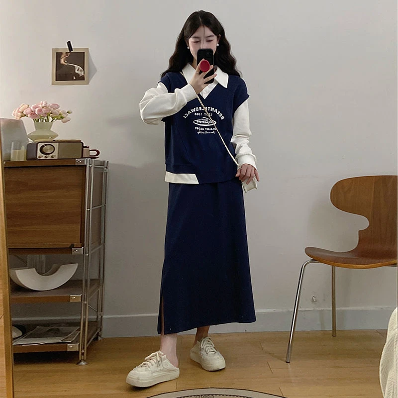 【半岛野】大码秋冬2024新款胖mm假两件洋气上衣半裙显瘦两件套