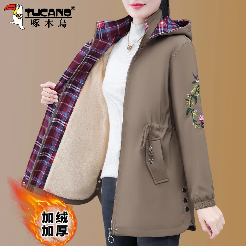 【官方】啄木鸟中长款风衣外套2025秋冬加绒加厚中年妈妈显瘦上衣