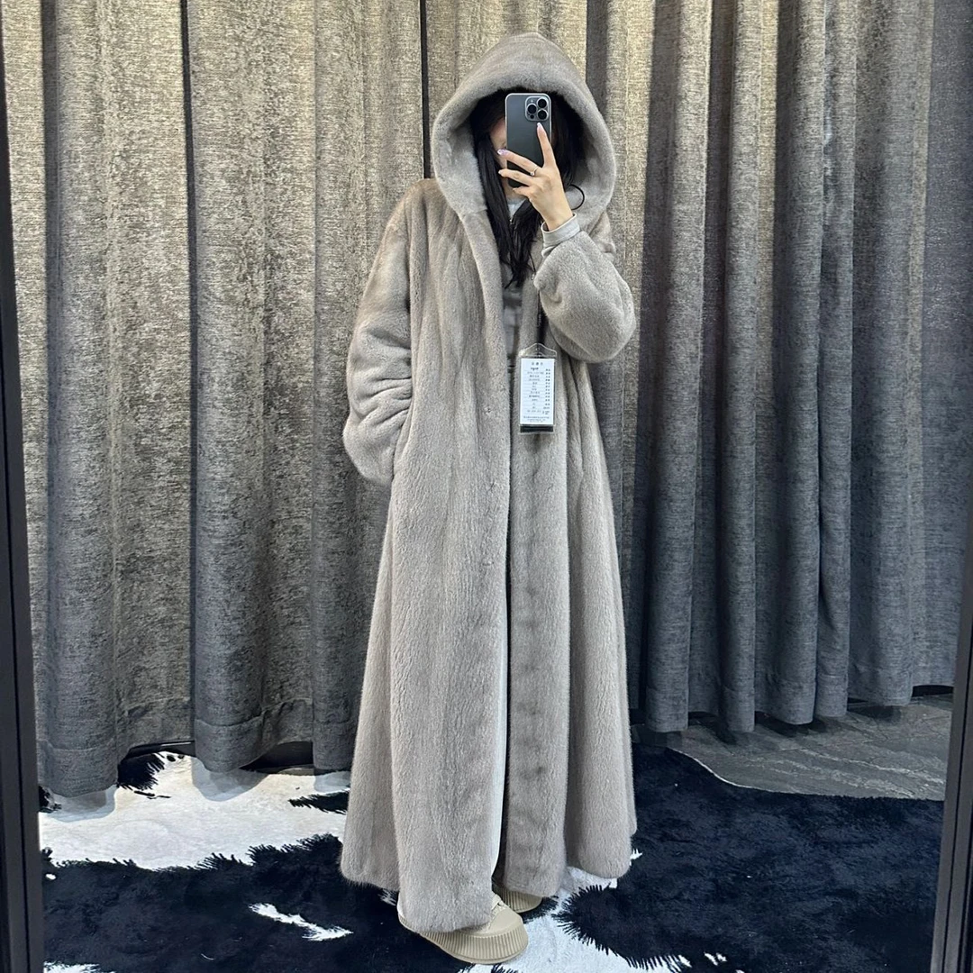 【汐瑶薇薇】进口短二貂皮大衣女整貂过膝长款连帽水貂皮草外套年轻