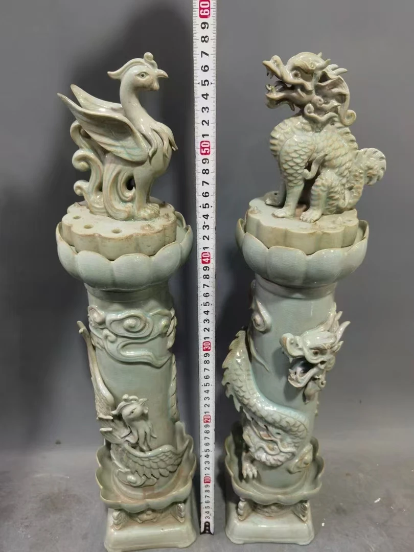 汝窑龙凤柱一对满刻