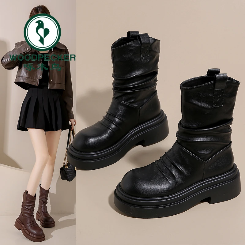 啄木鸟厚底马丁靴2024新款英伦复古短靴增高显瘦粗跟堆堆靴中筒靴