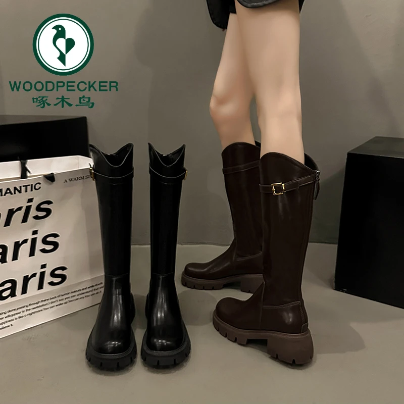 啄木鸟厚底长筒靴女2024秋冬新款显瘦V口不过膝高筒骑士靴马丁靴