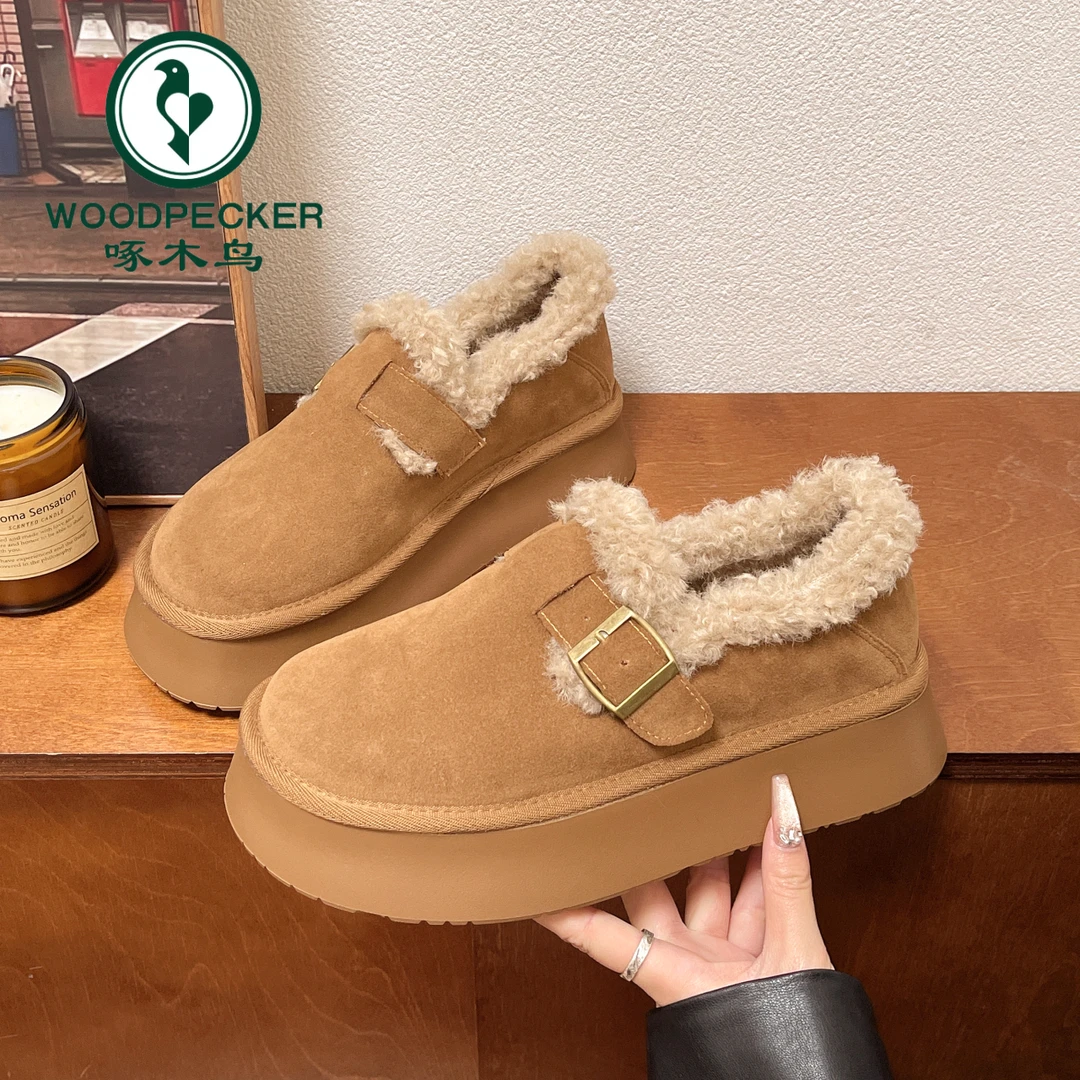 啄木鸟厚底勃肯鞋女秋冬加绒毛毛鞋2024年新款松糕乐福鞋保暖棉鞋