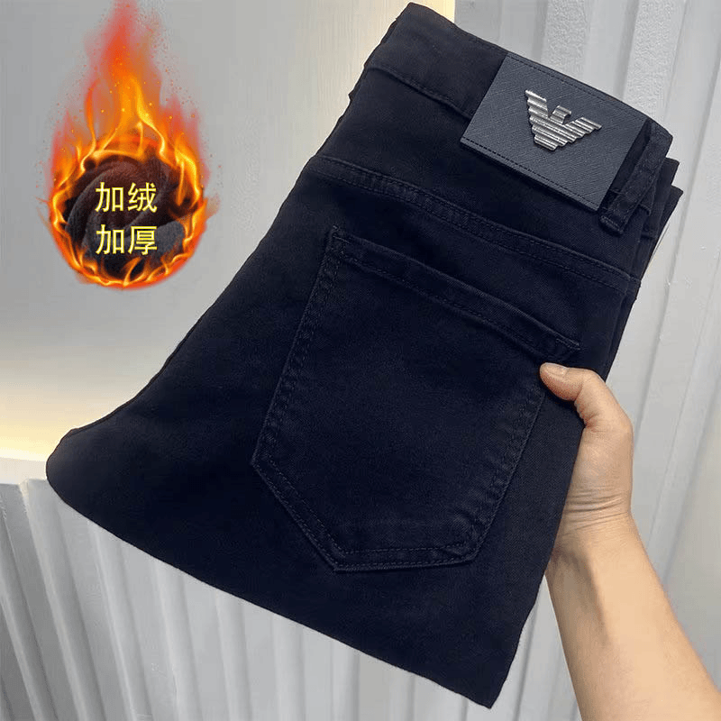 加绒加厚牛仔裤男款纯黑色秋冬季痞帅修身小脚弹力休闲百搭长裤子