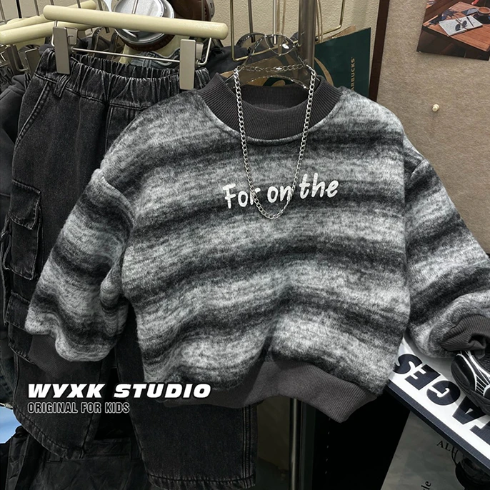 【卡皮】帅气男童条纹加绒圆领卫衣加厚一体绒2023冬季保暖上衣