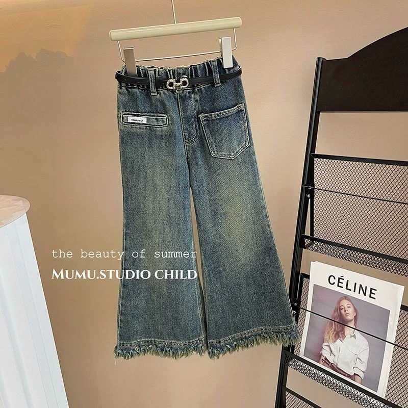 【卡皮】女童牛仔长裤2023秋冬季新款洋气宽松高腰时尚直筒裤休闲