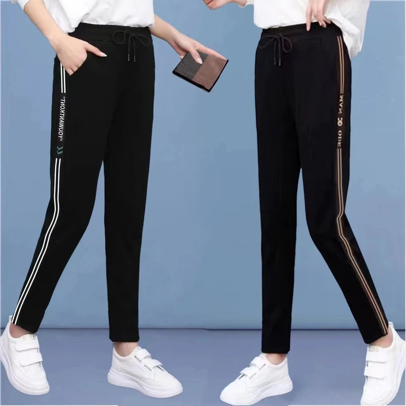 夏季薄款高弹休闲运动裤女潮流侧边条纹高腰百搭显瘦哈伦裤子外穿