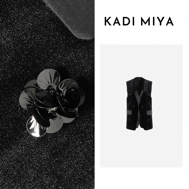 KADIMIYA【栀花清梦】复古新中式丝绒拼接订珠马夹中长款百搭外套