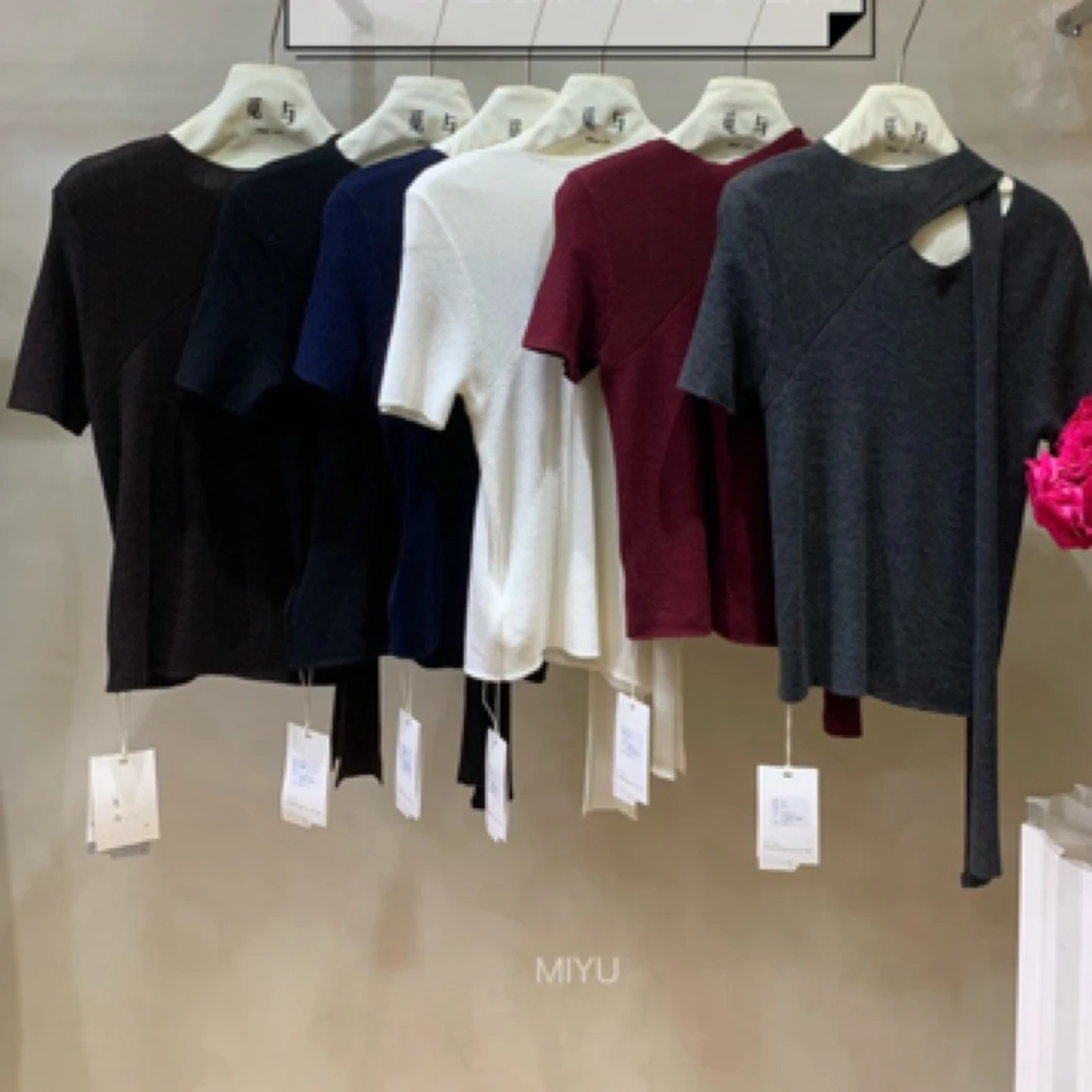 设计感小众针织短袖t恤女时尚洋气镂空体恤别致飘带流行上衣