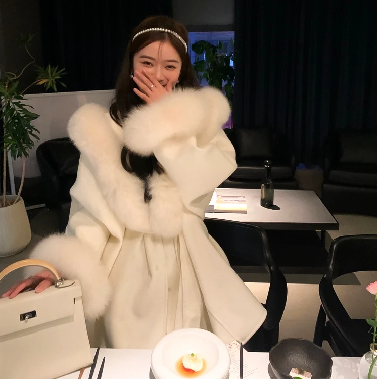 2024新款显瘦羊毛双面呢大衣女款气质百搭显瘦型狐狸毛皮草外套