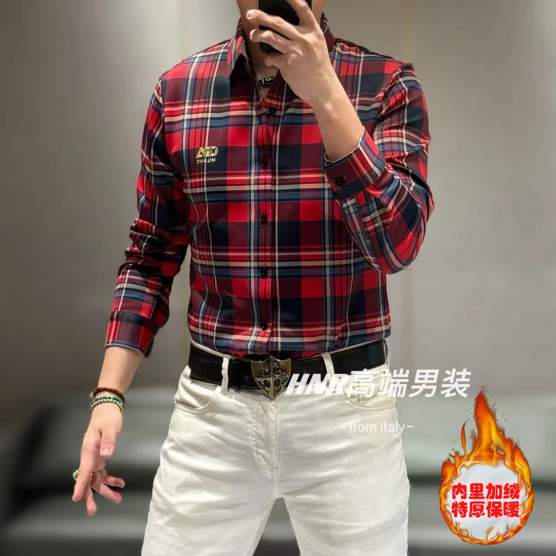 加绒加厚款格纹设计商务时尚休闲潮流百搭长袖衬衫7268