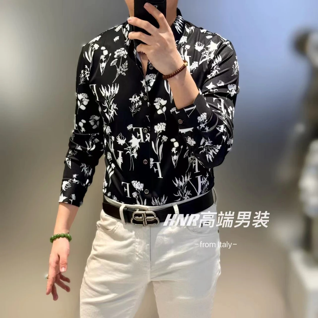 百花汇字母印花小众设计2024年新款秋季男士休闲长袖百搭衬衫838