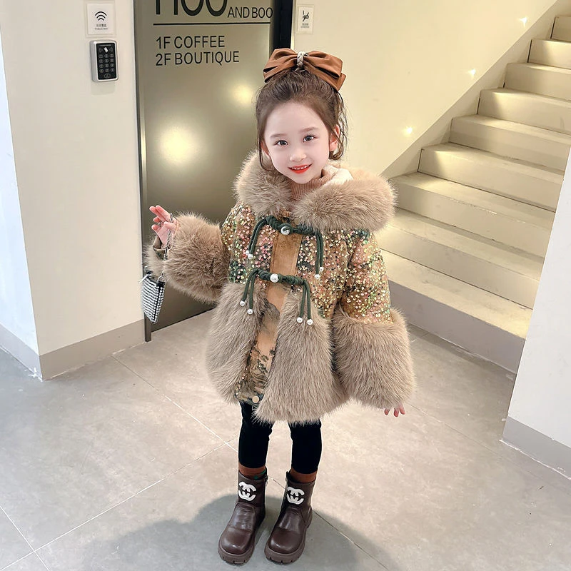 女童皮草2023新款冬装儿童冬季加厚毛毛衣女宝宝洋气国风加绒大衣