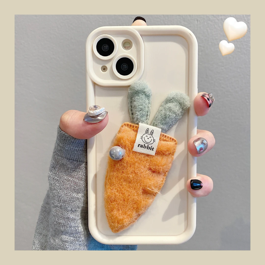 冬季毛绒立体萝卜苹果15手机壳全包iPhone13手机壳硅胶情侣手机壳