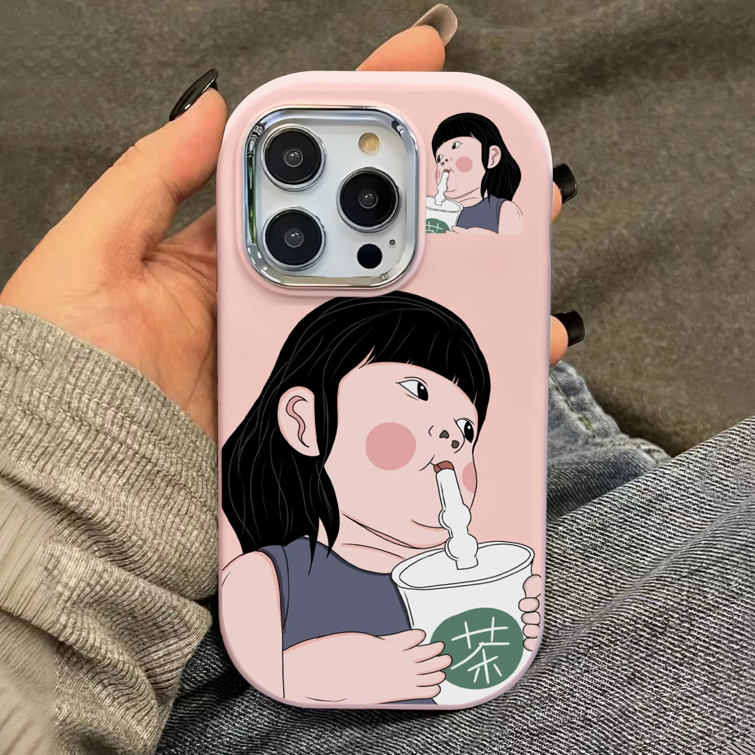 喝奶茶小女孩苹果15手机壳iphone14promax防摔12趣味少女创意全包