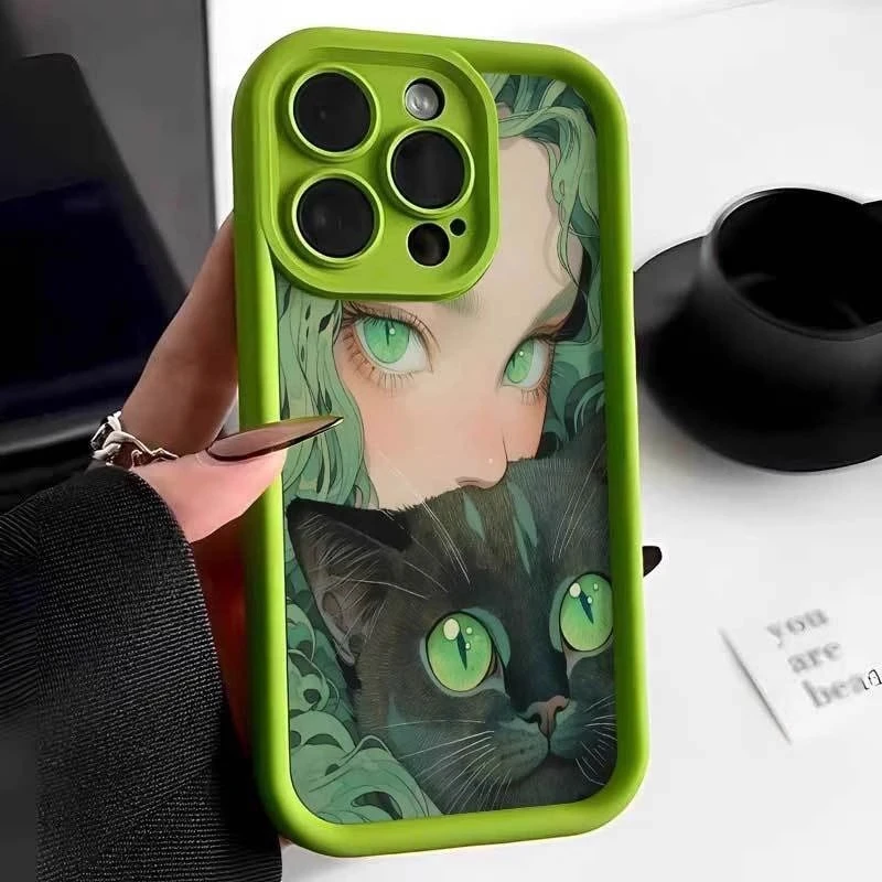 高级感艺术抱猫少女iphone15手机壳苹果13/14硅胶情侣x全包手机壳