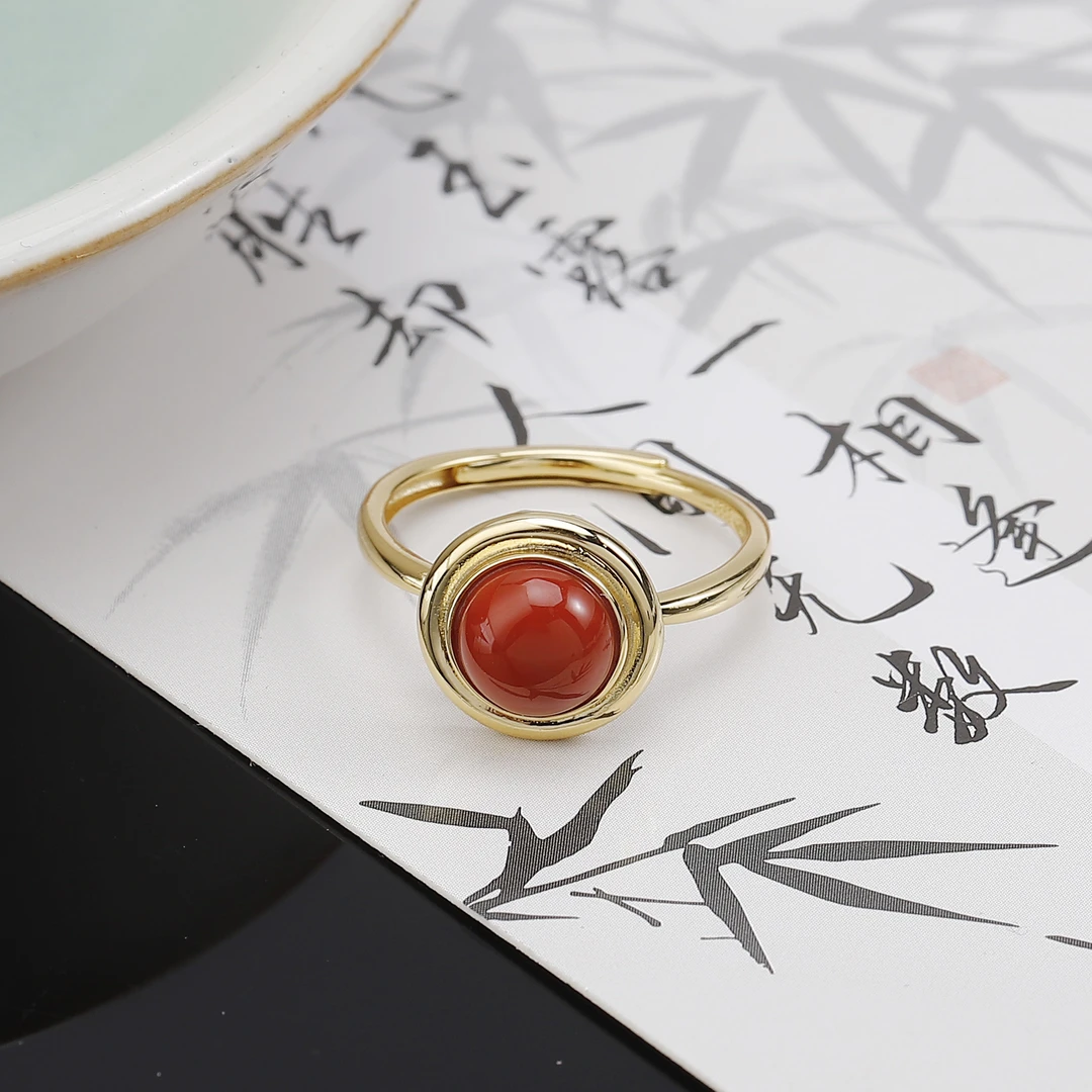 一了个卜【赤豆】s925银南红戒指红yun当头养气xue