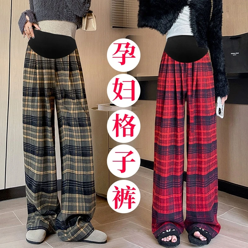 孕妇阔腿裤加绒加厚秋冬新款网红格子裤宽松显瘦高腰直筒裤休闲裤
