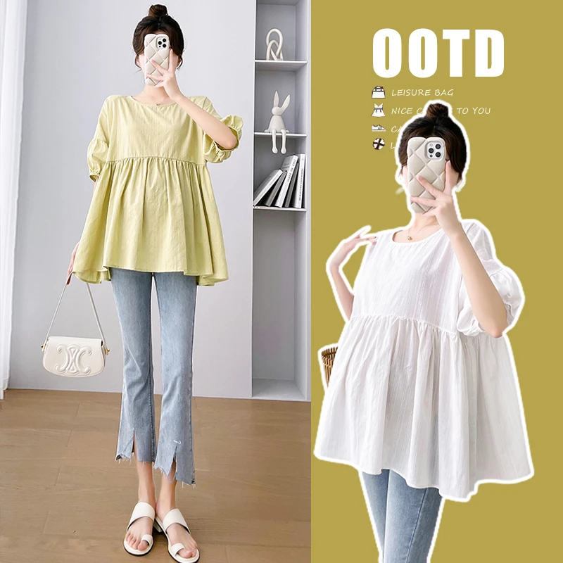 【贝贝】孕妇上衣夏季新款韩版麻棉宽松短袖孕妇衬衣短袖上衣