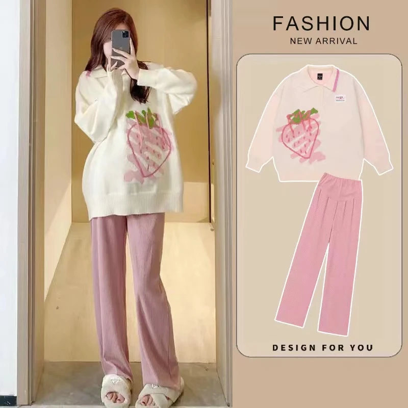 孕妇装2023秋冬新款网红时尚宽松粉色草莓孕妇毛衣洋气针织上衣女