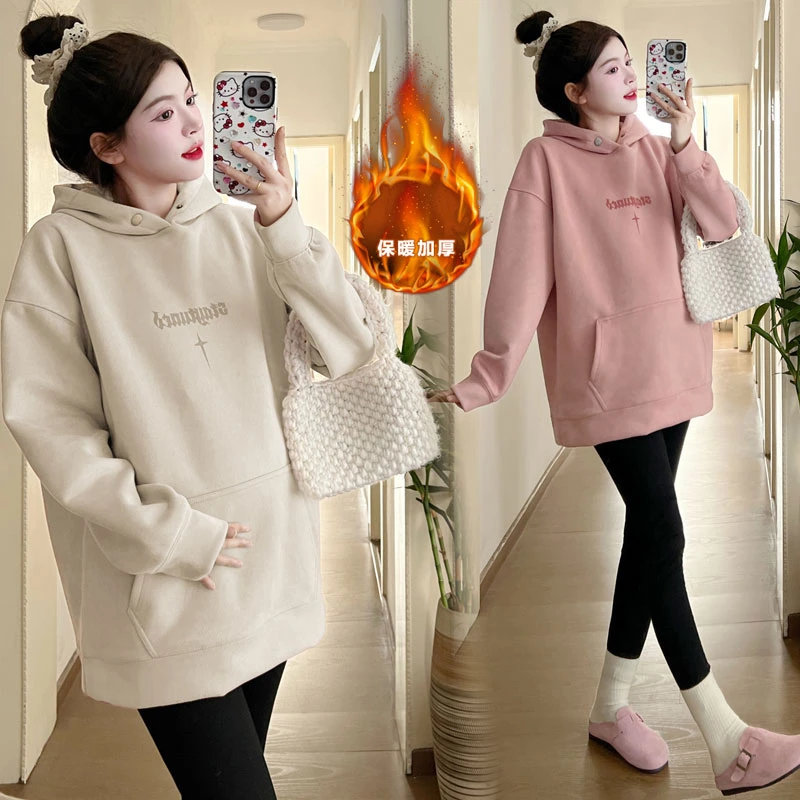 加绒加厚2023秋冬新款韩版百搭孕妇连帽卫衣+羊羔毛马甲两件套