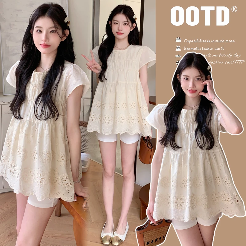 孕妇装夏新款甜美时尚显瘦气质宽松绣花上衣蕾丝衬衣+宽松短裤