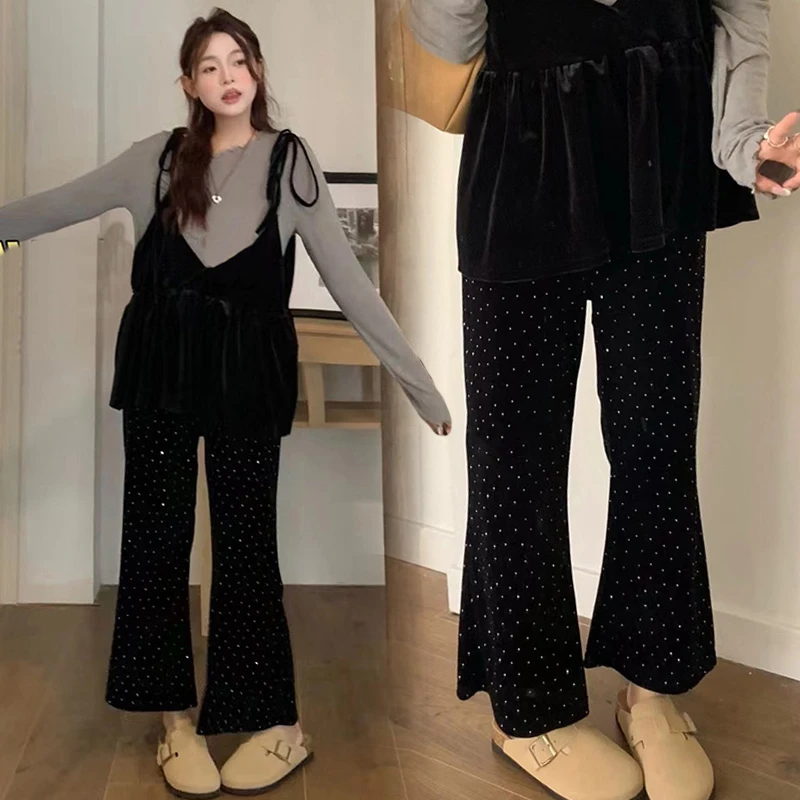 【贝贝】T恤上衣黑色丝绒吊带衫＋喇叭裤九分显瘦秋丝绒可调节阔腿裤
