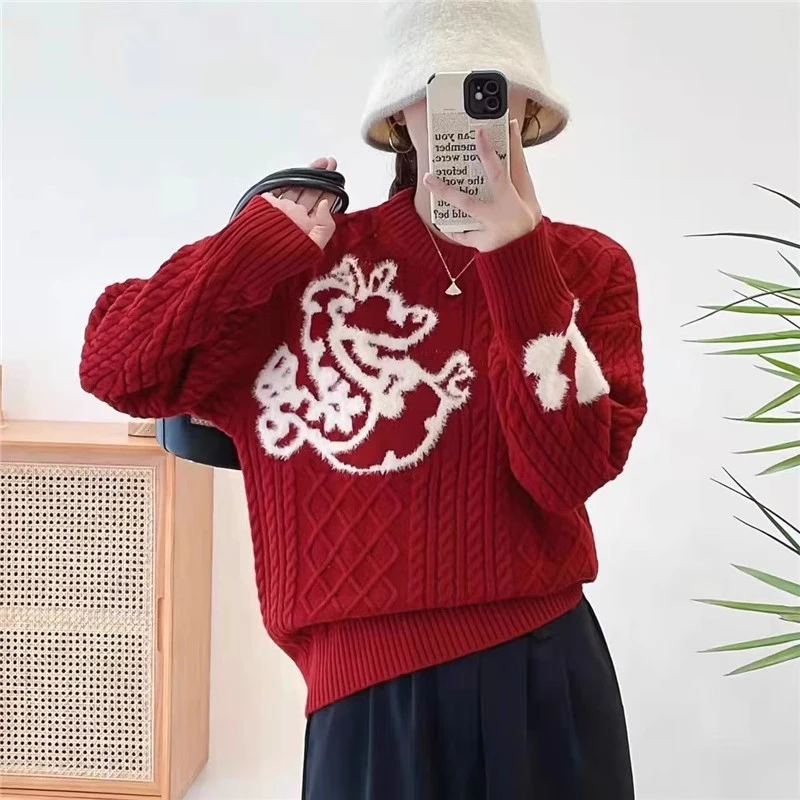 秋冬新款孕妇卡通毛衣宽松加厚洋气长袖针织衫本命年红色上衣潮