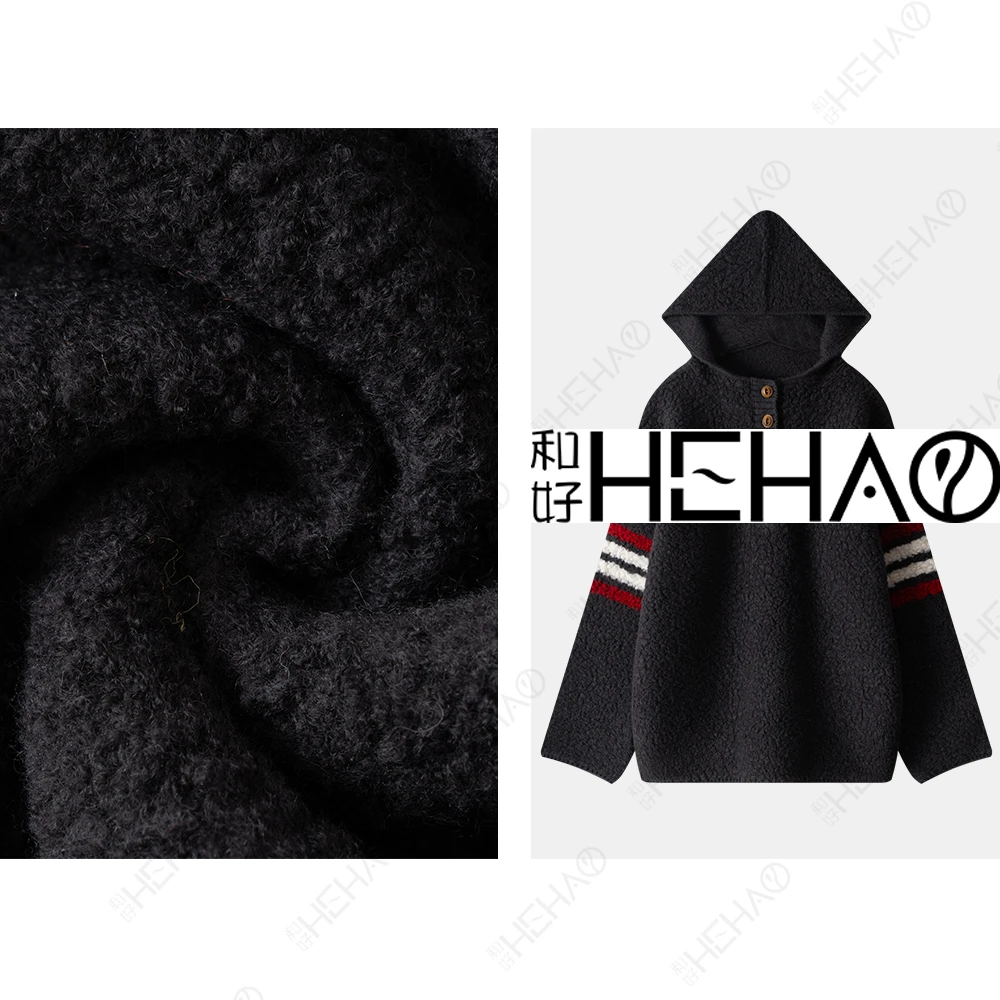 秋冬100%绵羊毛条纹连帽针织开衫慵懒休闲纽扣帽衫57192