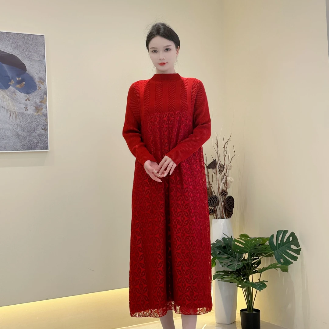 JS  371  原创设计欧美时尚红色秋冬款气质立领连衣裙