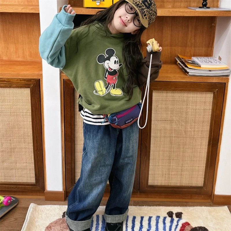 【一彩妈】24秋冬新款 儿童米奇撞色连帽卫衣 宽松重工刺绣薄绒卫衣
