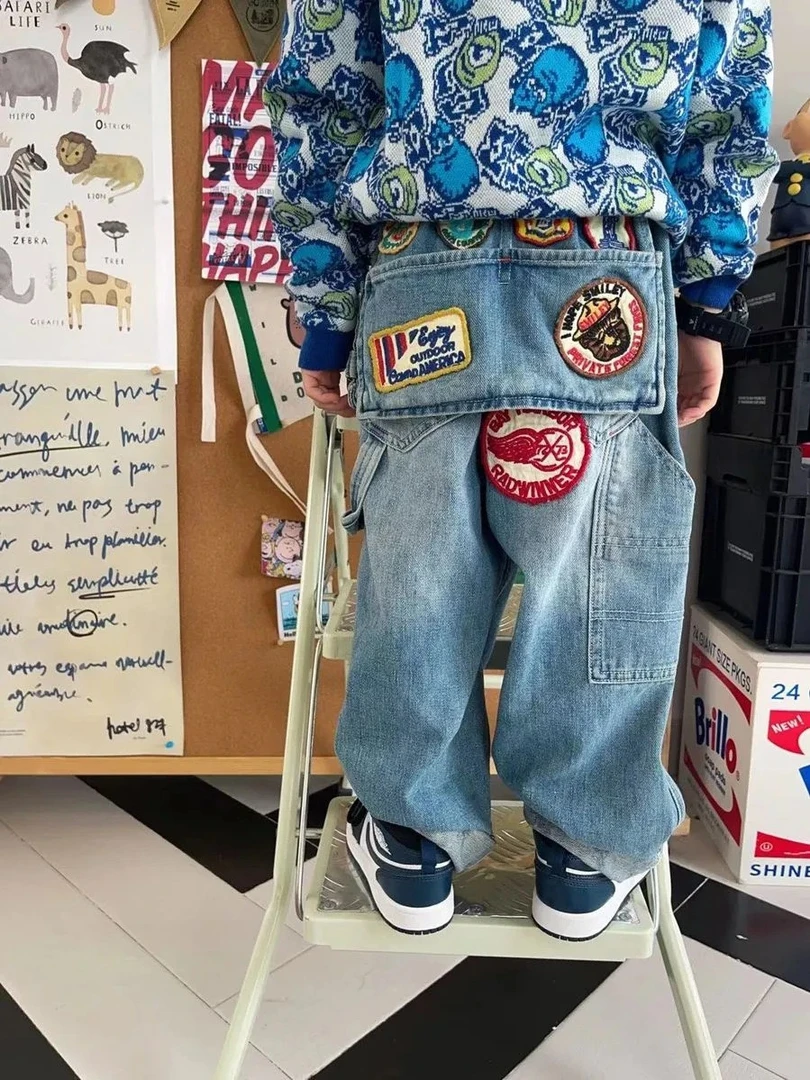 【一彩妈】新款 复古大屁帘牛仔裤 建议身高+10拍 儿童徽章牛仔裤