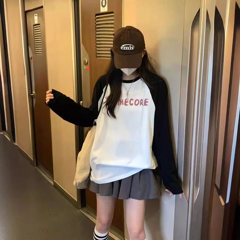 拼接插肩长袖t恤女秋冬款宽松休闲百搭慵懒风中长款黑白撞色上衣