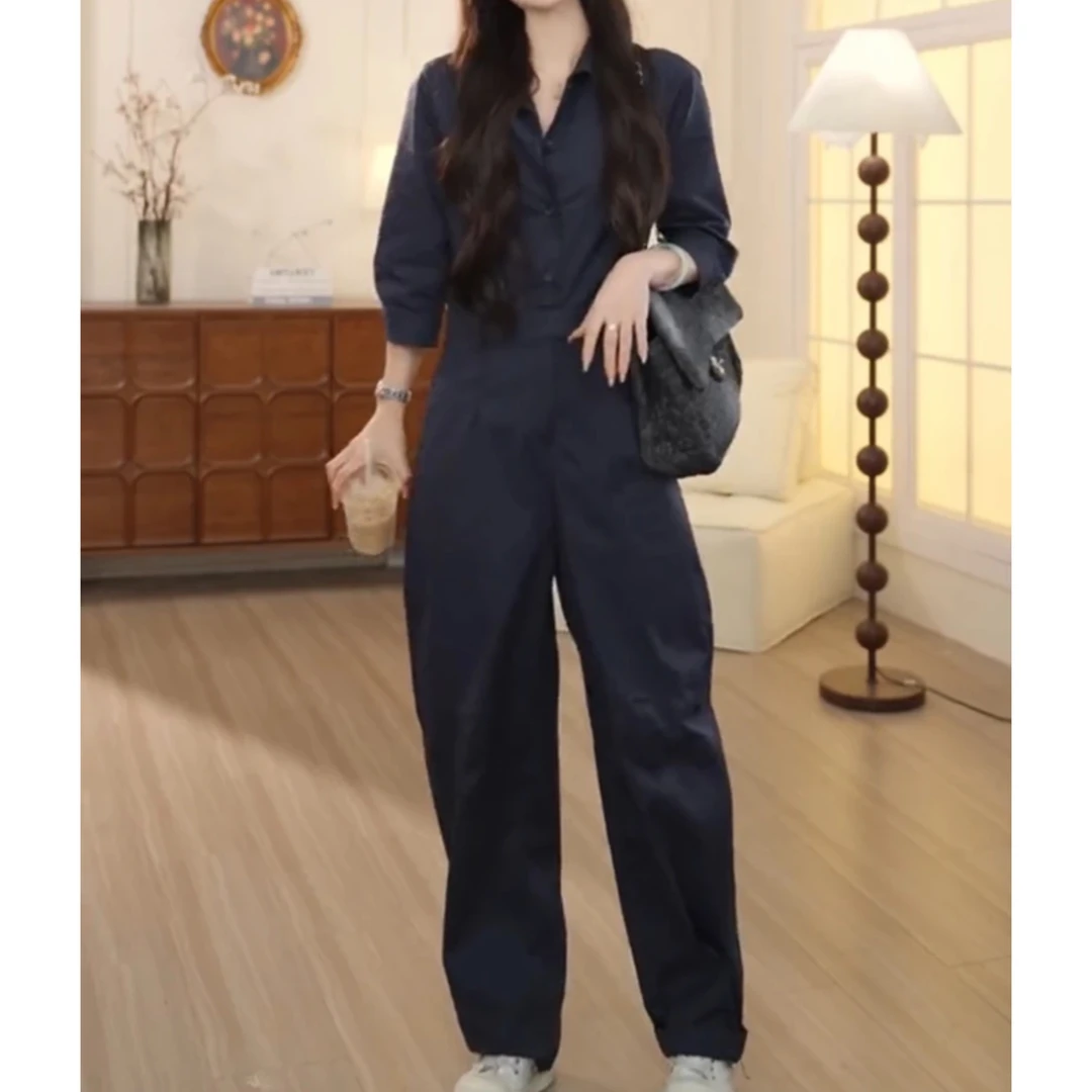 夏通勤穿搭工装衬衫连体裤女设计感收腰蓝色连衣裤2024套装新款