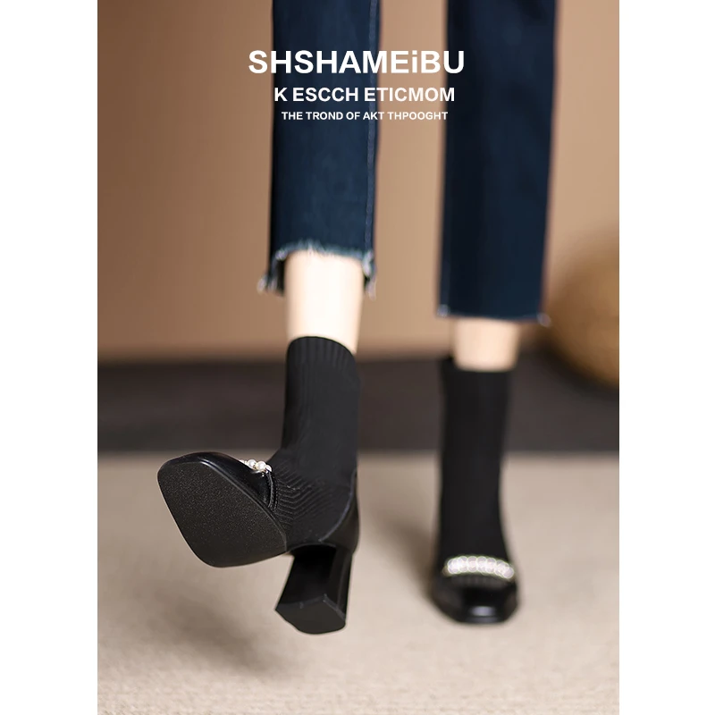 真皮高跟弹力袜子靴女2023年新款秋冬时尚网红爆款瘦瘦靴单靴短靴