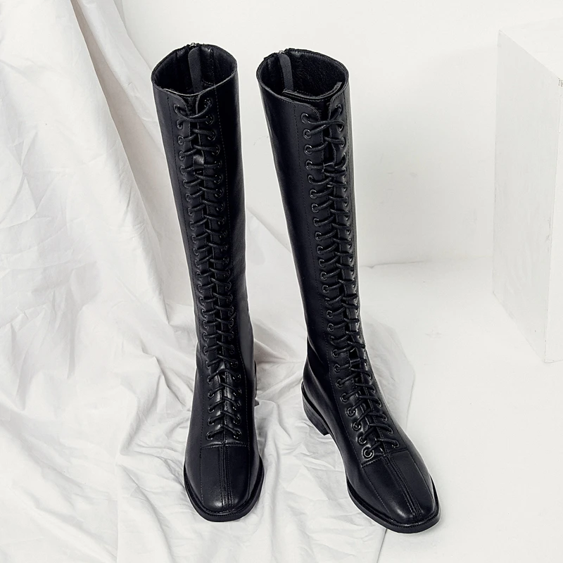 网红显瘦长靴女2023年新款秋冬季长筒过膝高筒皮靴系带马丁骑士靴