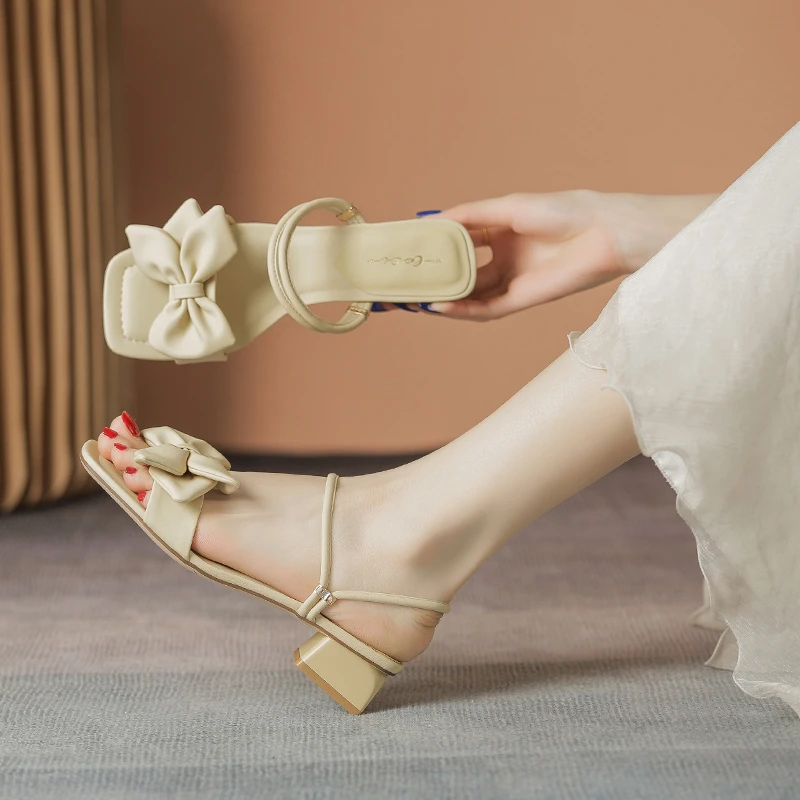 2024年新款夏季拖鞋女粗跟凉鞋女蝴蝶结设计网红时尚外穿凉拖女鞋