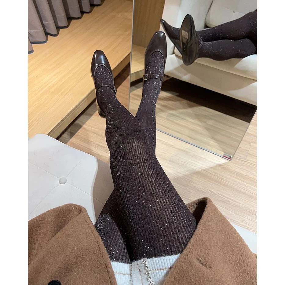 银丝混织竖纹针织打底袜秋冬高弹舒适时尚亮丝小众连裤袜大码A153