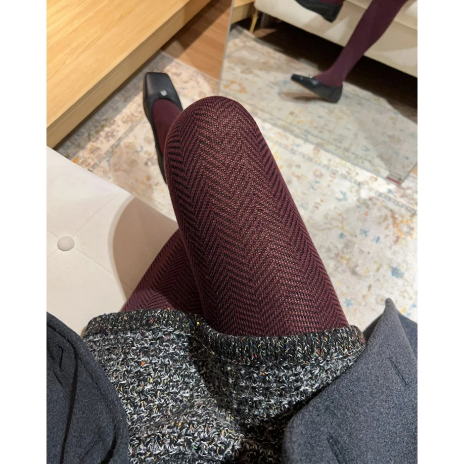 外贸人字纹显瘦棉质连裤袜女秋冬新款高级经典复古提花打底袜