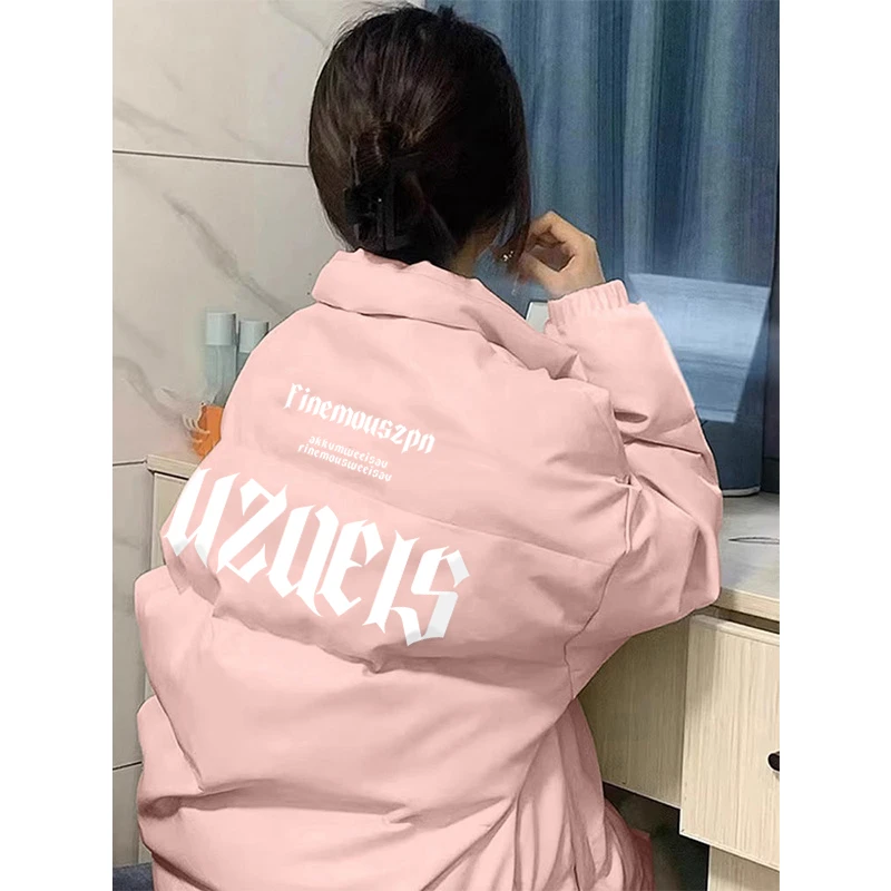 90白鸭绒韩系甜美学院风粉色羽绒服女冬季2025新款宽松面包服外套