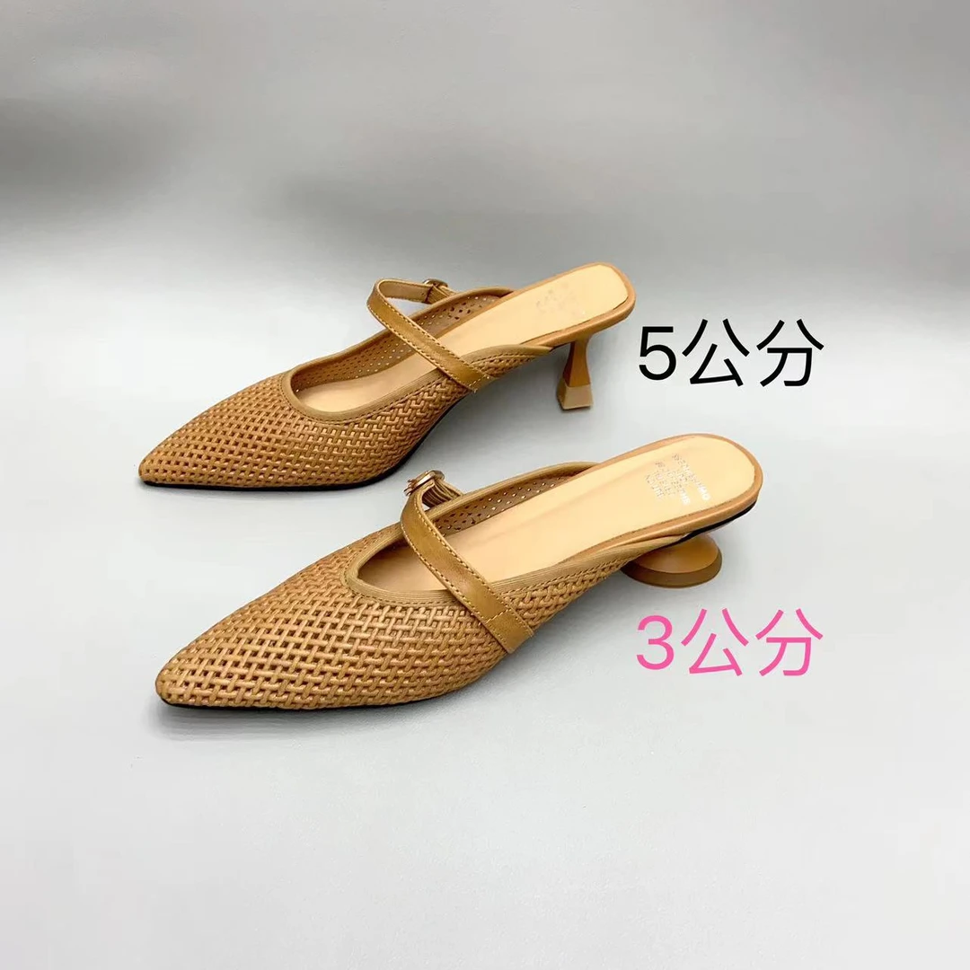 真皮女鞋镂空网状夏季低跟高跟女士尖头气质时尚2024新款粗跟编织
