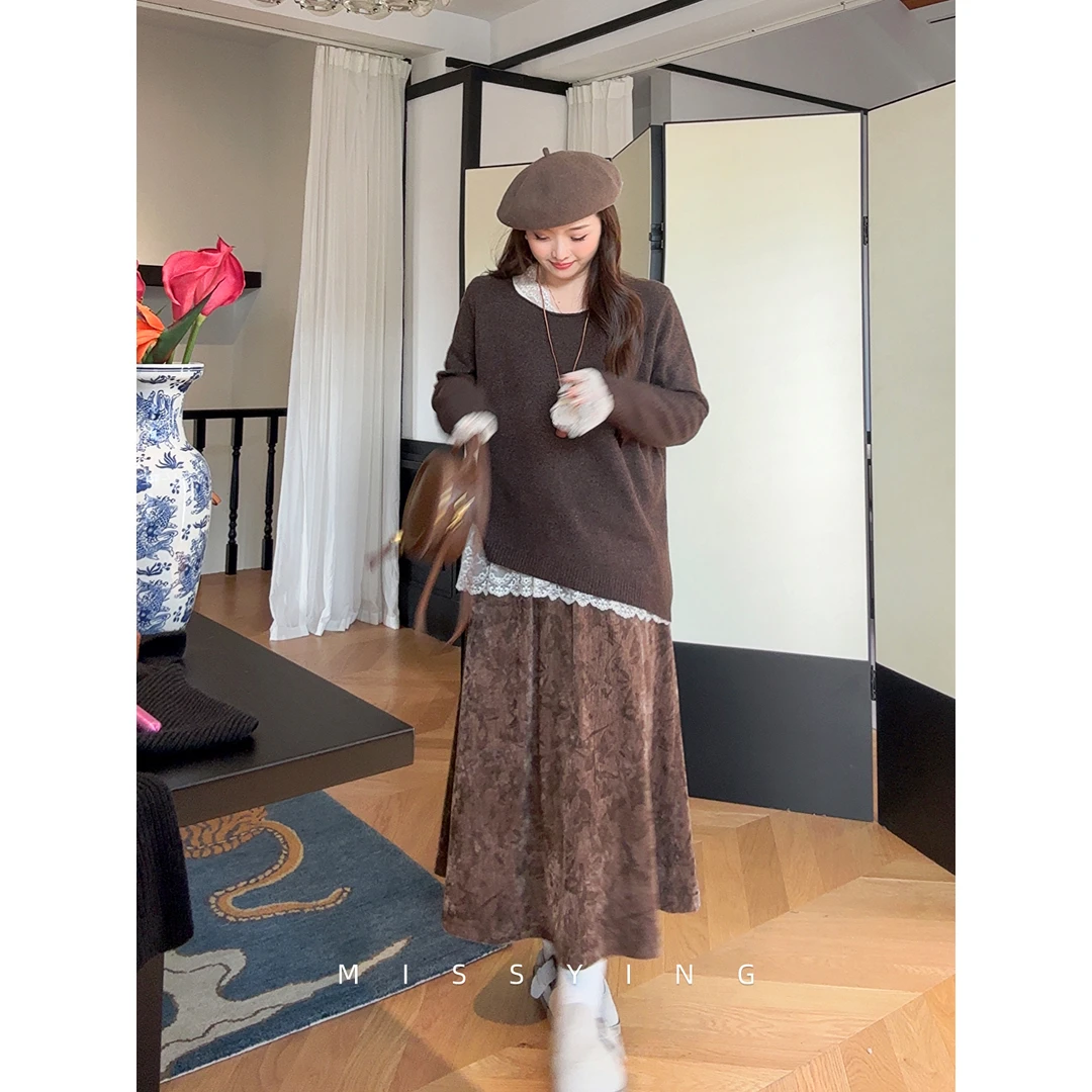 应小姐【漫漫星岛】微胖大码韩系时尚显瘦高级简约复古上衣印花半裙