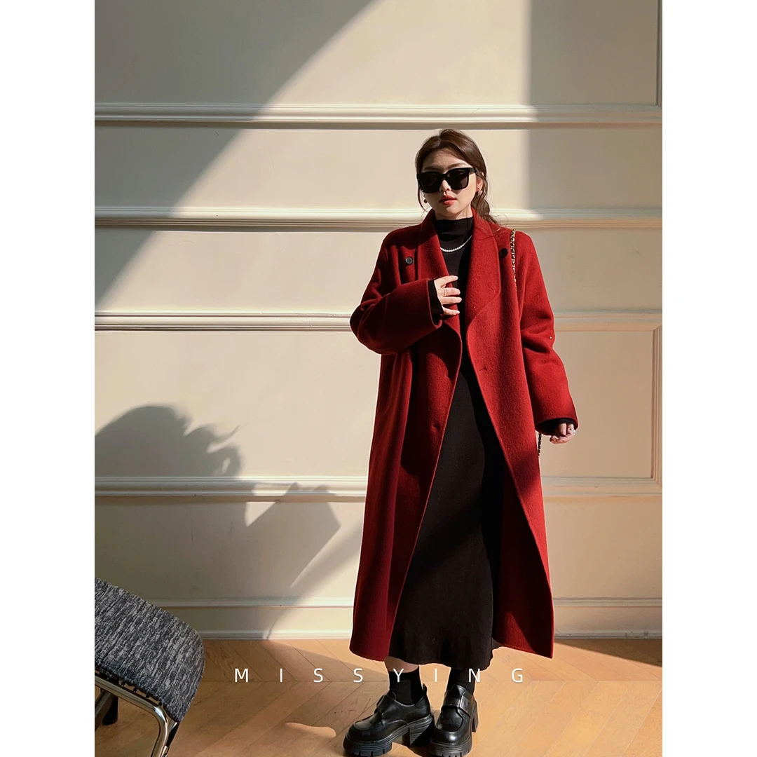 应小姐【牛津大衣】微胖大码红大衣气质宽松韩版羊毛显瘦长款双面呢